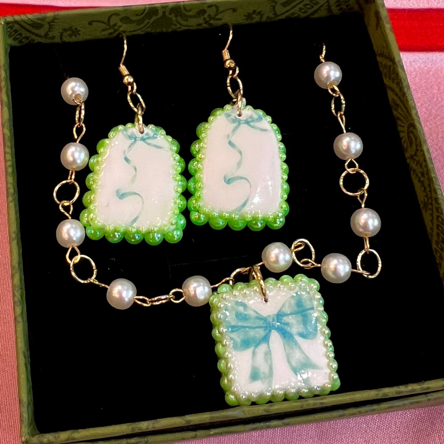 Coquette Green Bow Arch Earrings | Bedazzled Polymer Charm Earrings | Cute Feminine Statement Earrings | Gold Plated Findings