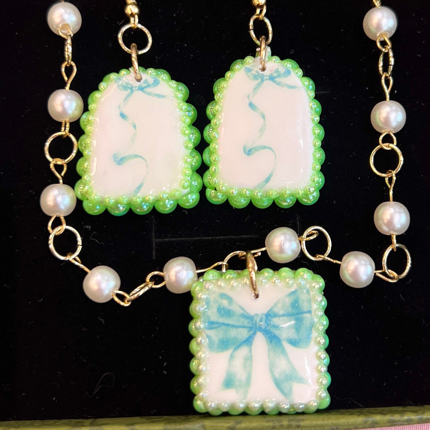 Coquette Green Bow Arch Earrings | Bedazzled Polymer Charm Earrings | Cute Feminine Statement Earrings | Gold Plated Findings