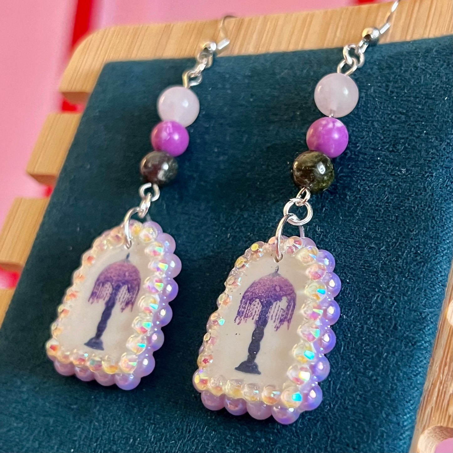 crystal lamp earrings, vintage lamp earrings, lamp charm earrings, rose quartz earrings, purple jasper earrings, indian agate earrings, pearl earrings, lavender pearl earrings, black pearl earrings, rhinestone earrings, fairycore jewelry, gothic coquette jewelry, handmade polymer clay earrings, hypoallergenic earrings, 18k gold plated earrings, statement charm earrings, whimsical jewelry, y2k fairycore earrings, olive made
