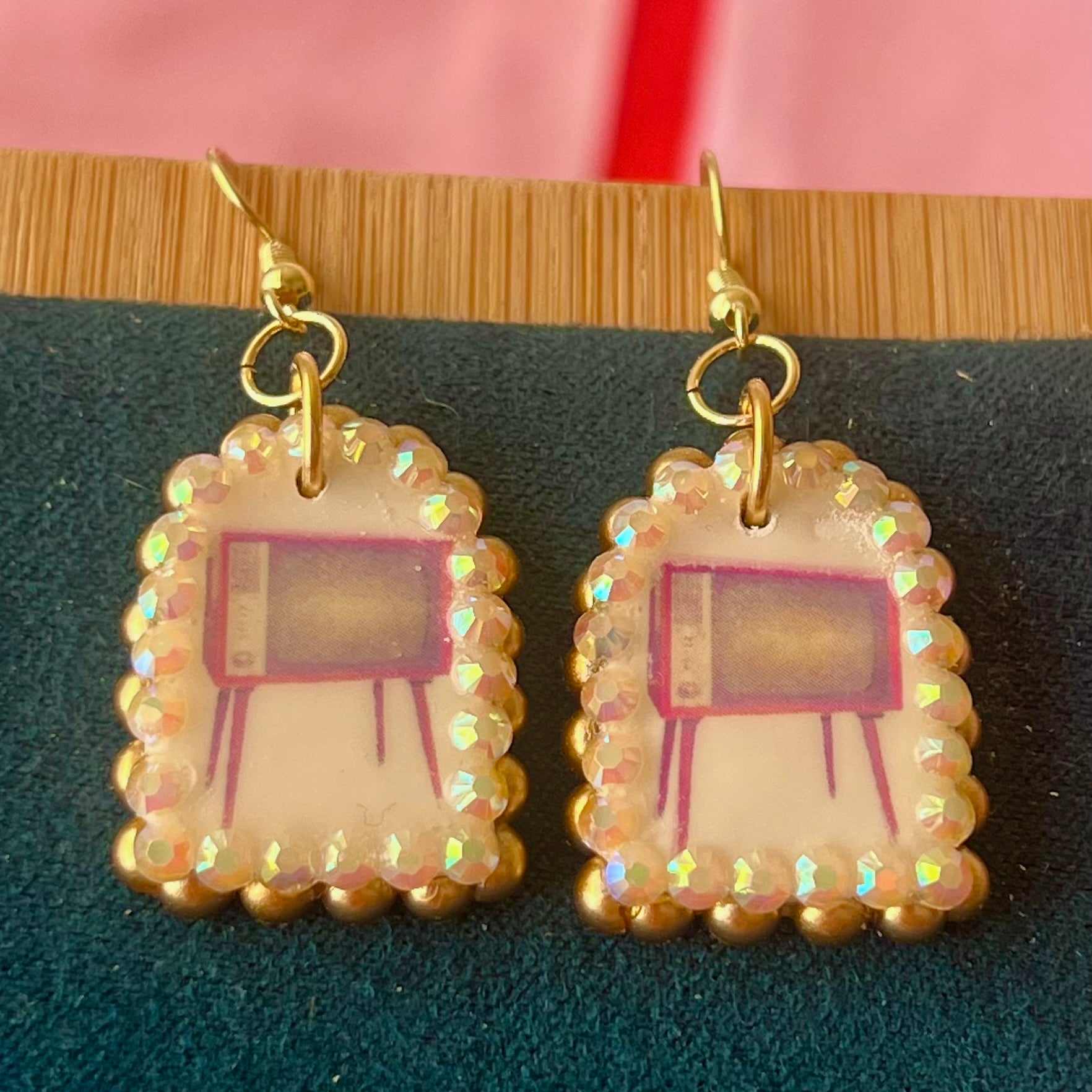Handmade retro vintage TV charm earrings — pearl‑bedazzled arch dangles with a nostalgic TV graphic, gold/bronze pearl framing and 18k gold‑plated hooks; perfect retro, vintage, Y2K, indie, polymer‑clay statement jewelry.