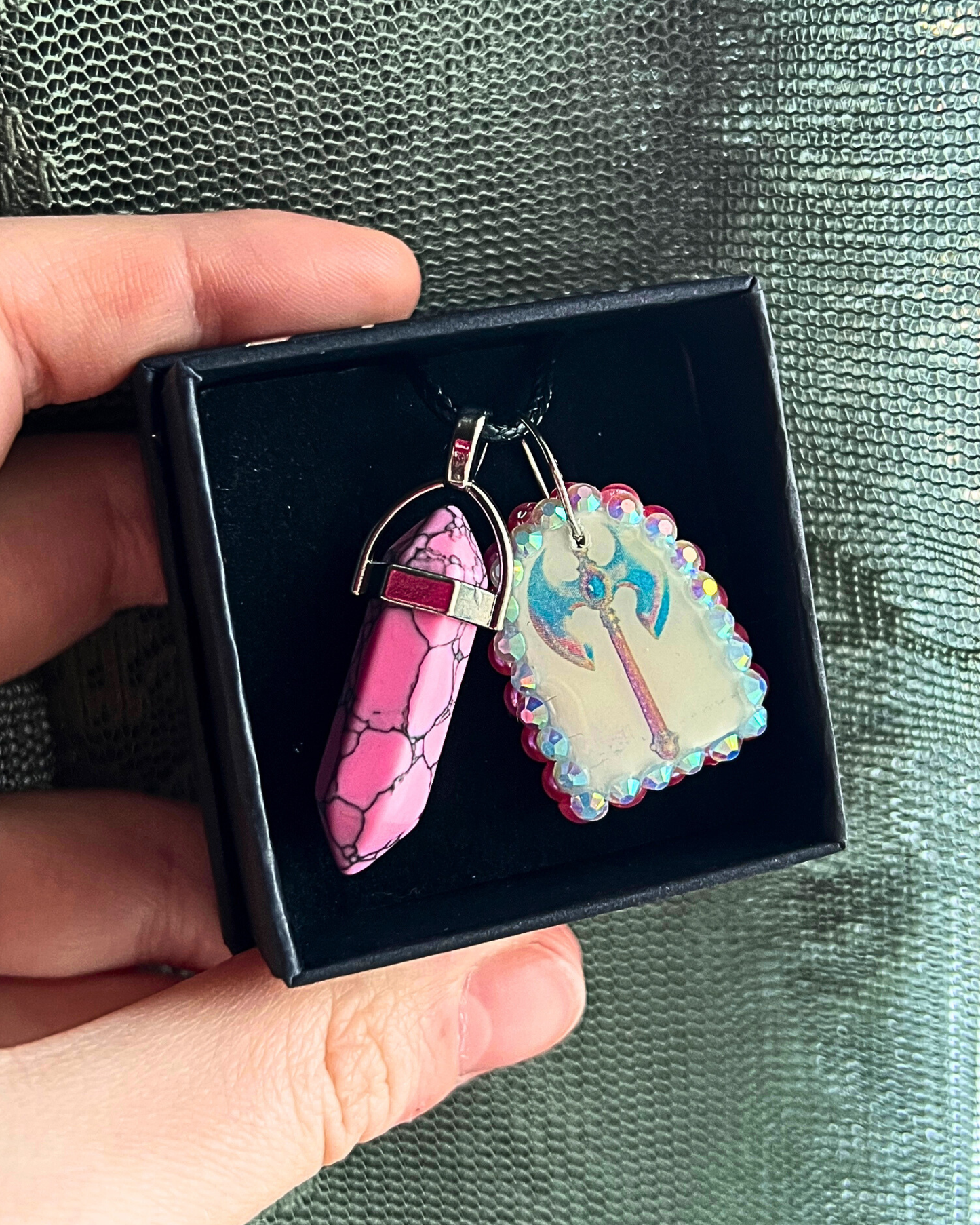 Battle Axe Charm Necklace | Polymer Clay Pendant + Pink Marbled Gem