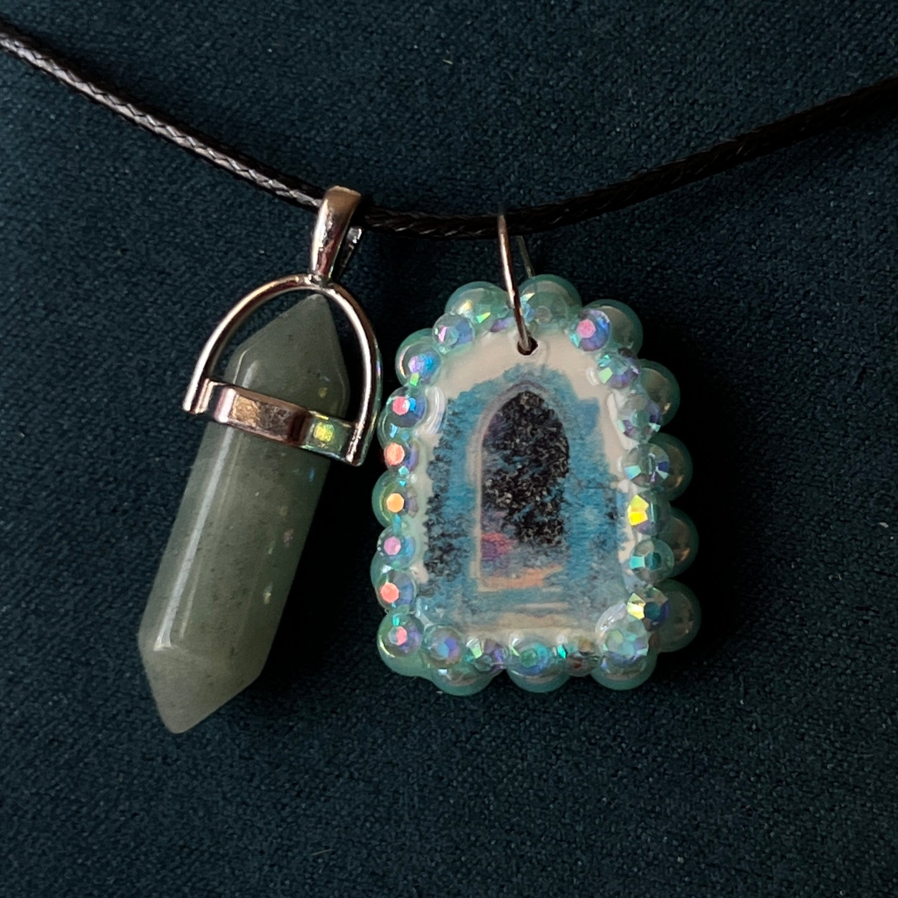 Magical archway charm necklace — one-of-a-kind medieval stone archway “portal” pendant hand-sculpted in polymer clay (approx. 1" tall x 0.75" wide) and bedazzled with iridescent pearls and rhinestones. Handmade wearable magic.