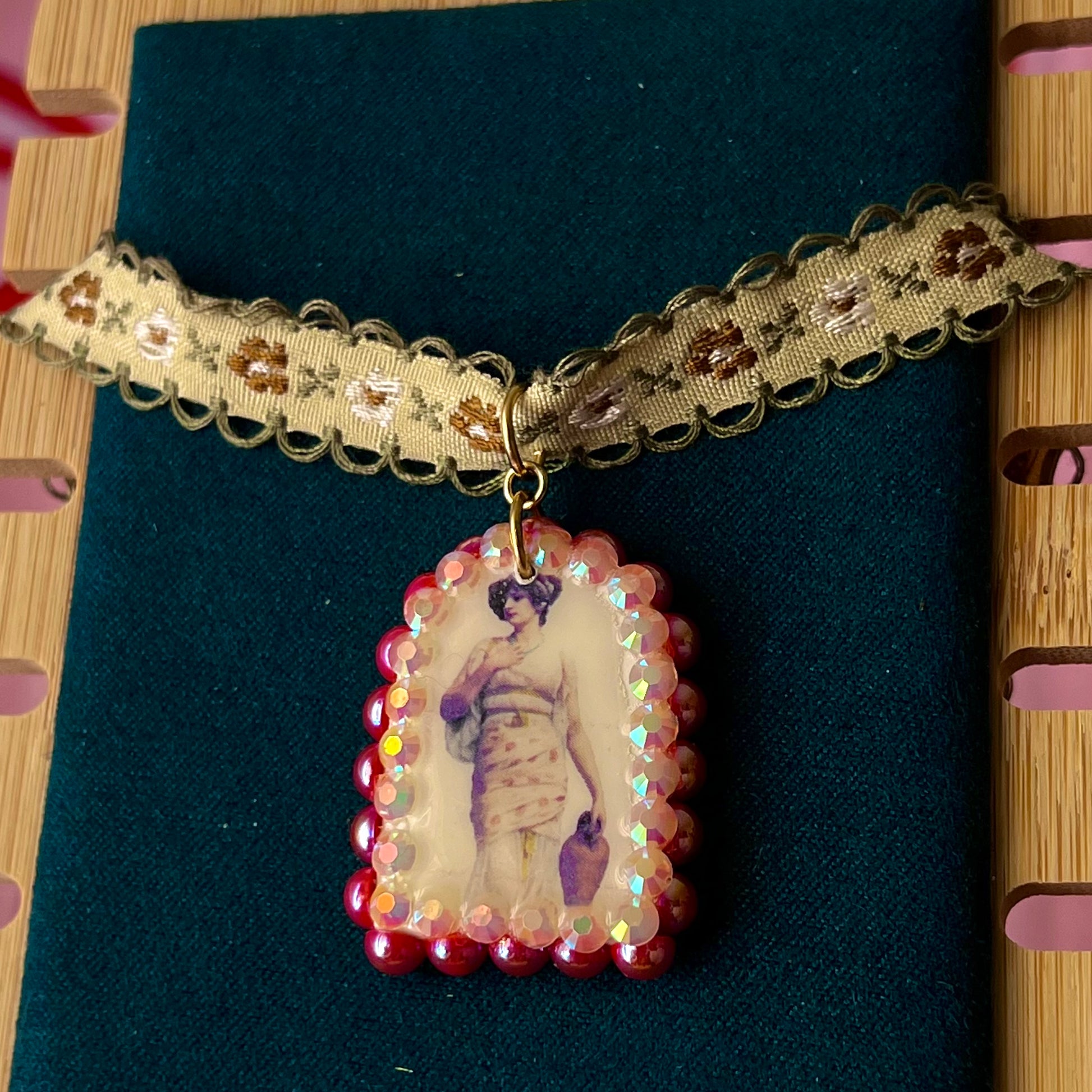neoclassical necklace, portrait choker necklace, vintage lace choker, renaissancecore jewelry, museum aesthetic necklace, red pearl necklace, rhinestone charm necklace, romantic choker, embroidered flower choker, handmade polymer clay charm, art jewelry
