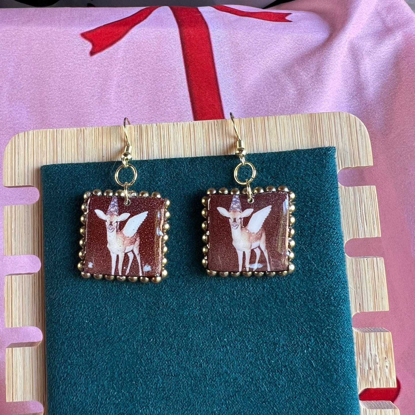 fairy fawn earrings, deer earrings, cottagecore earrings, fairycore earrings, handmade polymer clay earrings, woodland jewelry, polaroid earrings, gold bead earrings, 14k gold plated earrings, animal earrings, whimsical earrings, indie jewelry, forestcore jewelry, Olive Made