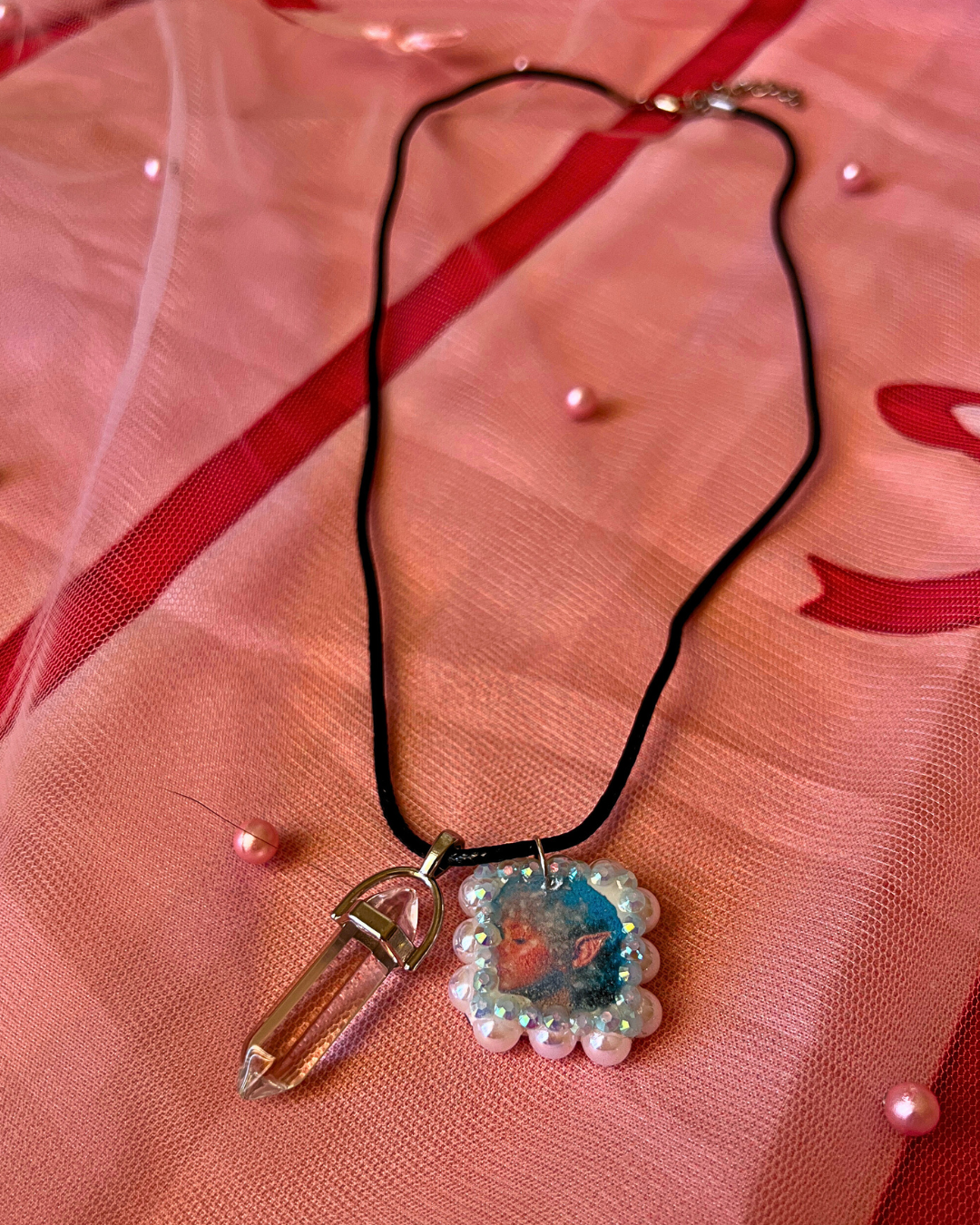 Iridescent Fairy Portrait Charm Necklace | Polymer Clay Pendant + Translucent Gem