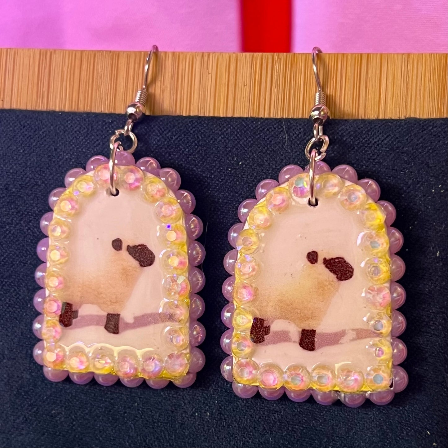 Lavender Pearls Black & White Lamb Plushie Earrings | Kawaii Coquette Sheep Jewelry