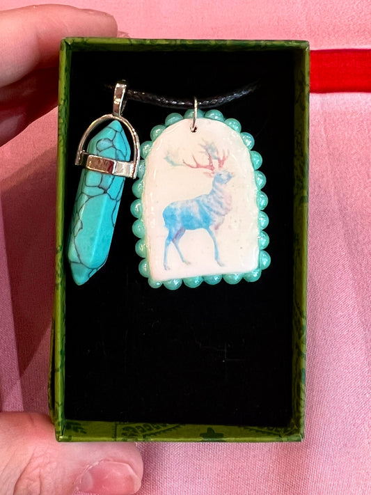 Blue Magic Charm Necklace | Blue Stag Arch Pendant or Iridescent Jackalope | 22” Adjustable Faux Leather Chain