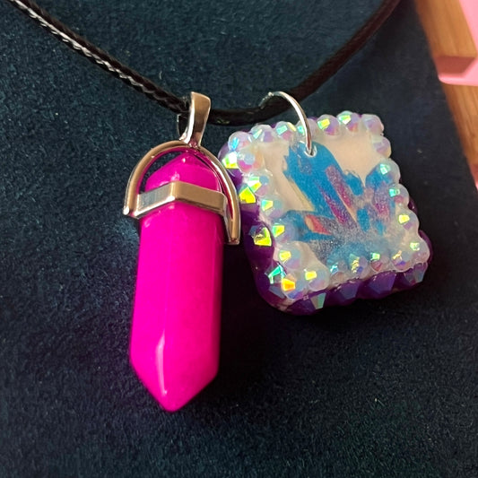 Pink & Blue Crystal Cluster Necklace | Bedazzled Gem Charm Pendant | Fairycore Whimsigoth Y2K Necklace | Olive Made