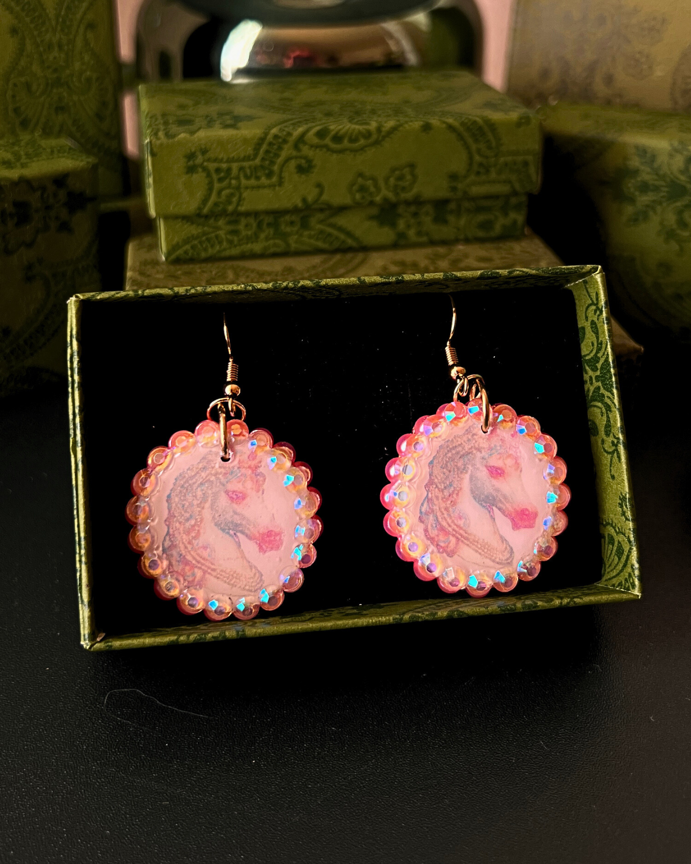 Unicorn Bedazzled Earrings | Handmade Polymer Clay Earrings | Iridescent Rhinestone Dangle Earrings | Y2K Fairycore Jewelry | Gift Ready