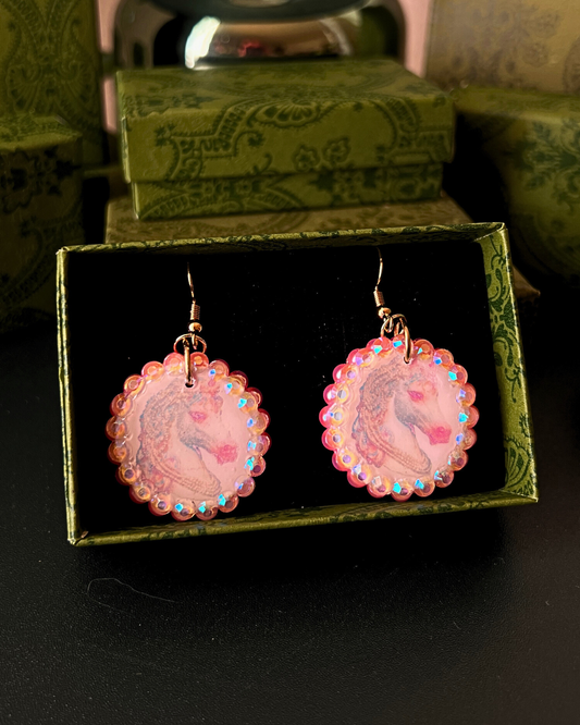 Unicorn Bedazzled Earrings | Handmade Polymer Clay Earrings | Iridescent Rhinestone Dangle Earrings | Y2K Fairycore Jewelry | Gift Ready