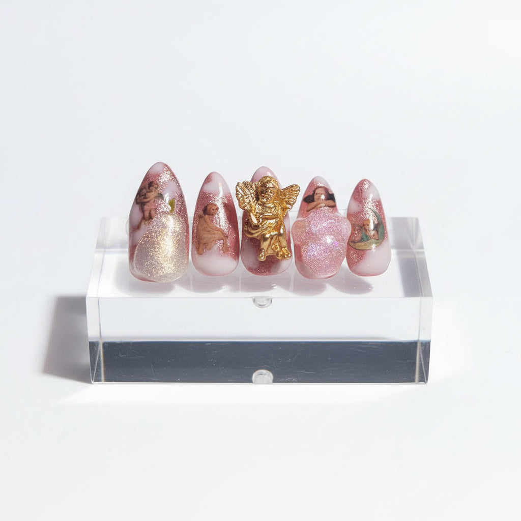 Ambrosia Fruit Press-On Nails | Hand Painted Nails | Iridescent 3D Gel | Pink Shimmer | Angel Charm | One of One | Size Medium