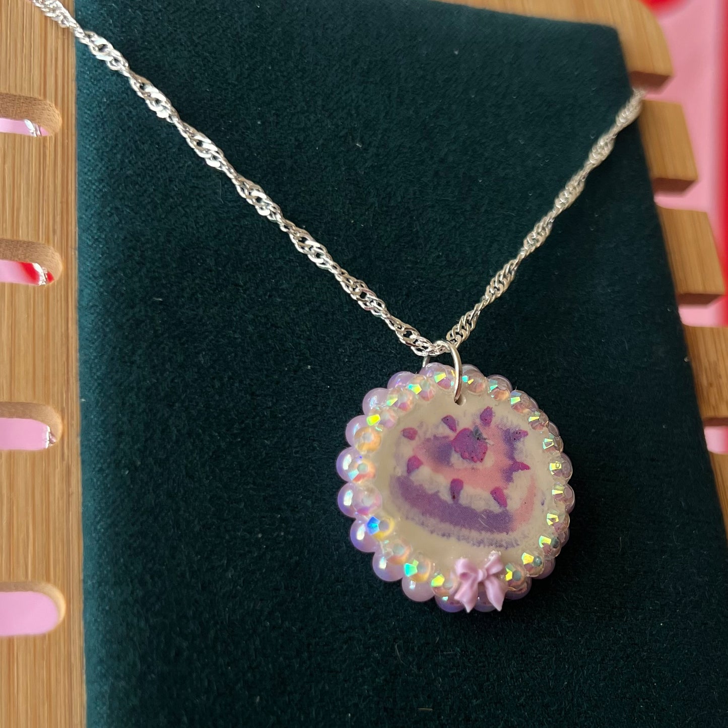 Strawberry Cake Lavender Pearls + Bow Charm Necklace | Coquette Pastel Kawaii Jewelry | Olive Made