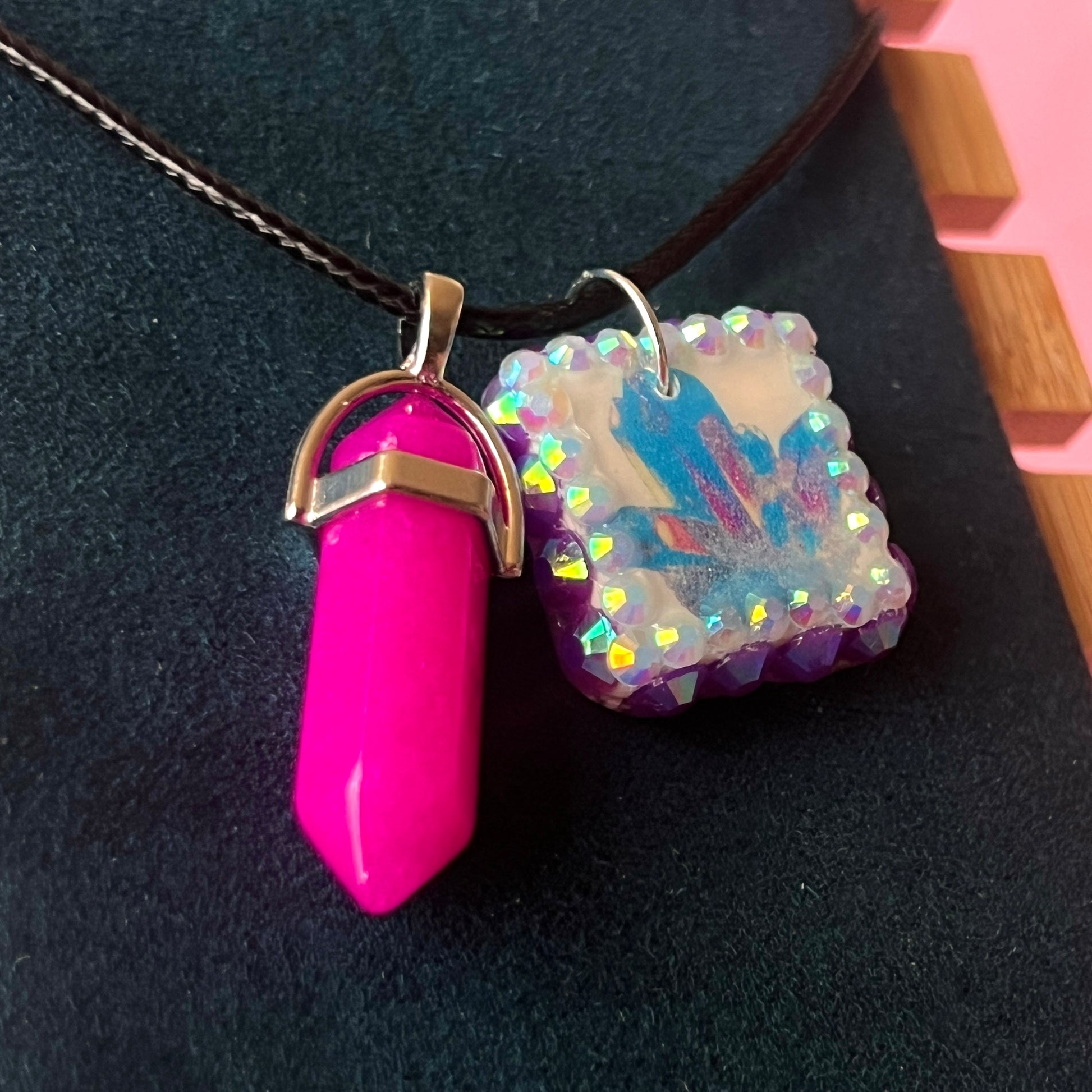 Pink & blue crystal cluster necklace — handmade polymer clay gem cluster pendant in pastel pink/blue, hand-bedazzled with iridescent pearls + rhinestones for high-glam fairycore sparkle. Gift-ready Victorian-patterned box. Whimsigoth Y2K charm necklace; ready to ship in 1–3 days.