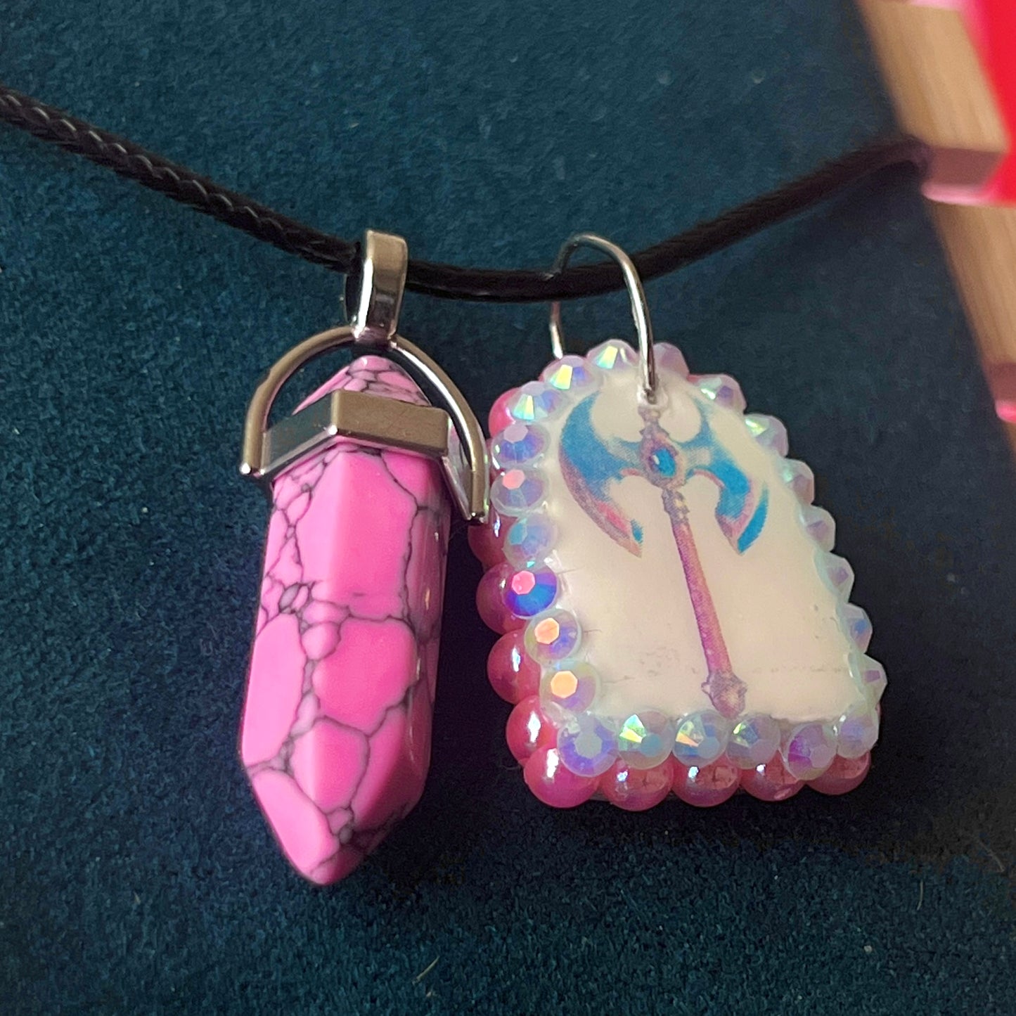 Battle Axe Charm Necklace | Polymer Clay Pendant + Pink Marbled Gem