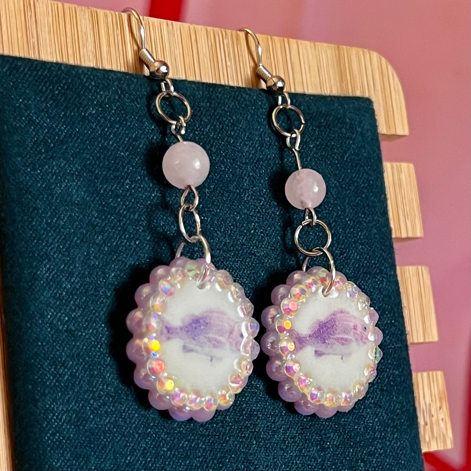 rose quartz earrings, pastel fish earrings, pink fish charm earrings, mermaidcore earrings, fairycore jewelry, coquette earrings, y2k earrings, pastel charm earrings, polymer clay earrings, rhinestone earrings, pearl earrings, iridescent pearl earrings, ocean themed earrings, handmade earrings, hypoallergenic earrings, cute pastel jewelry, rose quartz bead earrings, girly earrings, whimsical earrings, gift for her