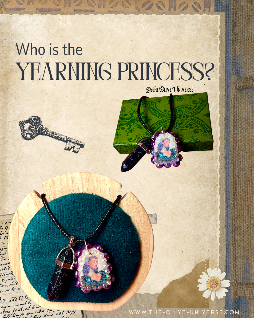 Yearning Princess necklace — dark romance handmade polymer clay princess charm bedazzled with iridescent pearls + rhinestones and finished with dramatic black crystal accent. Gift-ready Victorian-patterned box. Goth fairycore whimsigoth Y2K statement charm necklace; ready to ship in 1–3 days.