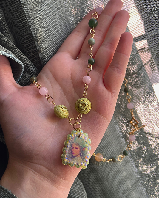 Fairycore Crystal Portrait Necklace | Rose Quartz + Agate | Coquette Fairycore Necklace
