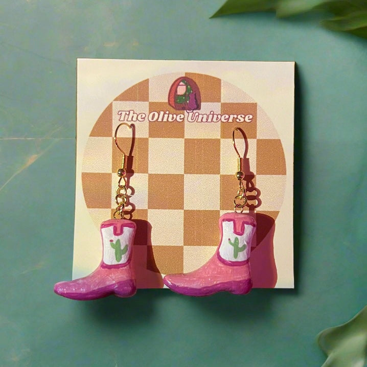 Country Cowgirl Boots - Handmade & Painted Charm Earrings - Olive Made