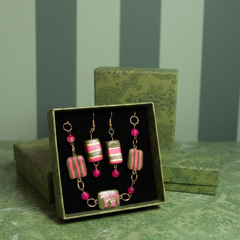 Cheetah Print Pink Pony Bracelet Set | Gold Plated Charm Bracelet | Pink Agate Beads | Handmade Clay Earrings | Toycore Maximalist Jewelry