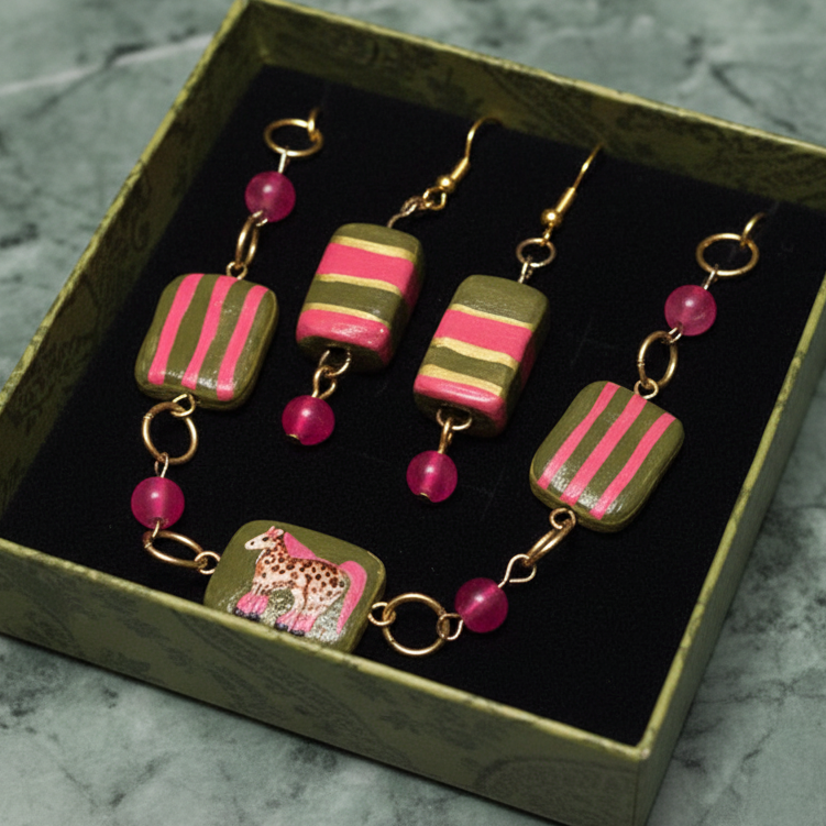 Cheetah Print Pink Pony Bracelet Set | Gold Plated Charm Bracelet | Pink Agate Beads | Handmade Clay Earrings | Toycore Maximalist Jewelry