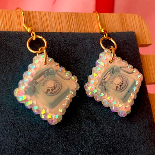 Alt text: "Whimsical Y2K retro landline phone earrings with metallic gold backing, 18k gold‑plated brass hooks, and a playful phone design – perfect statement earrings for Y2K, whimsigoth, and retro aesthetic jewelry."