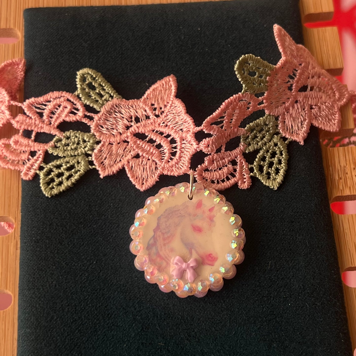 Unicorn Bow Charm Lace Flower Choker Necklace | Pastel Pink Pearl Variations | Olive Made
