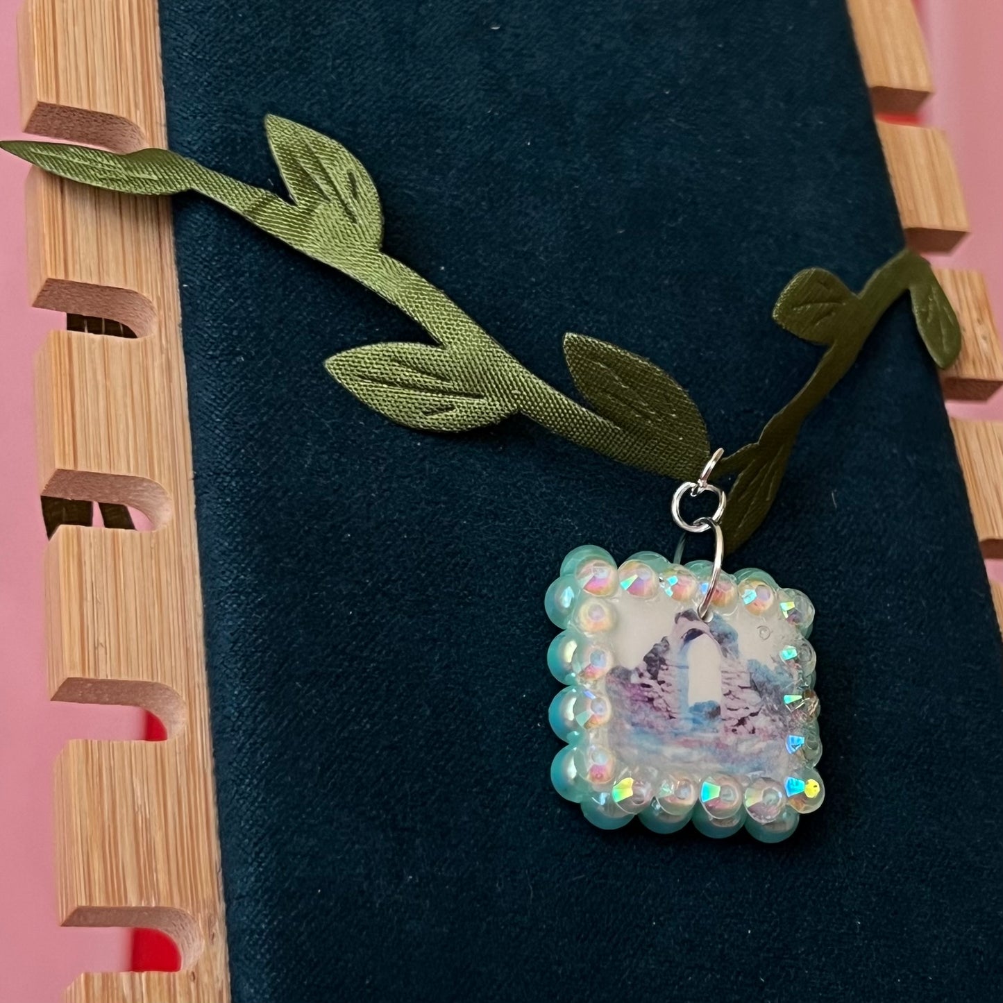 vine choker necklace, leaf choker, fairycore choker, whimsigoth jewelry, medieval fantasy necklace, arch charm necklace, rhinestone charm choker, pearl rhinestone necklace, handmade polymer clay charm, adjustable choker necklace, secret garden jewelry