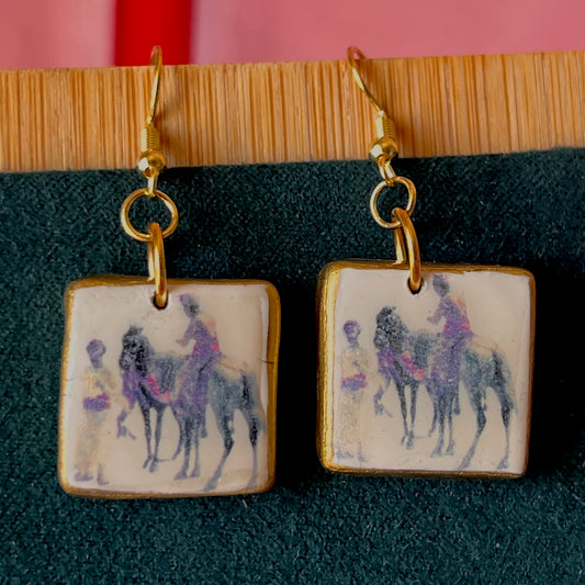 Antique aesthetic “Hindu Merchant” oil painting earrings inspired by Edwin Lord Weeks (c. 1885), featuring handmade polymer‑clay charms painted with metallic gold and gold‑plated hypoallergenic hooks—perfect for lovers of classical art, renaissance and vintage‑style jewelry.