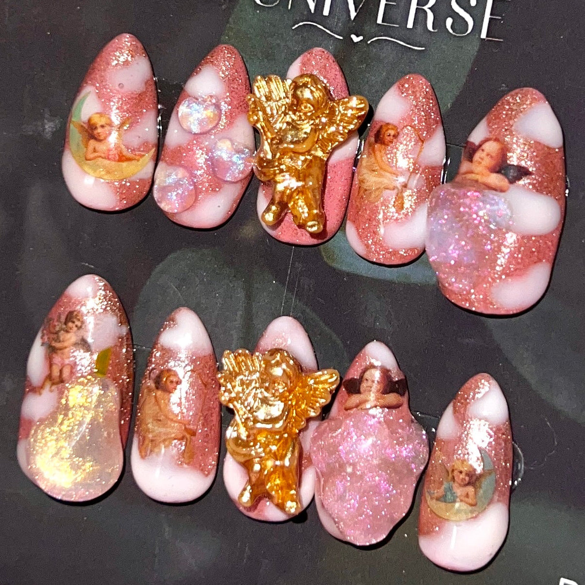 Ambrosia Fruit Press-On Nails | Hand Painted Nails | Iridescent 3D Gel | Pink Shimmer | Angel Charm | One of One | Size Medium