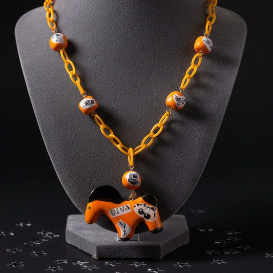 Retro Y2K Neon Metallic Horse Necklace — Handmade Clay Beads, Cutout Collage Charms, Orange Acrylic Chain