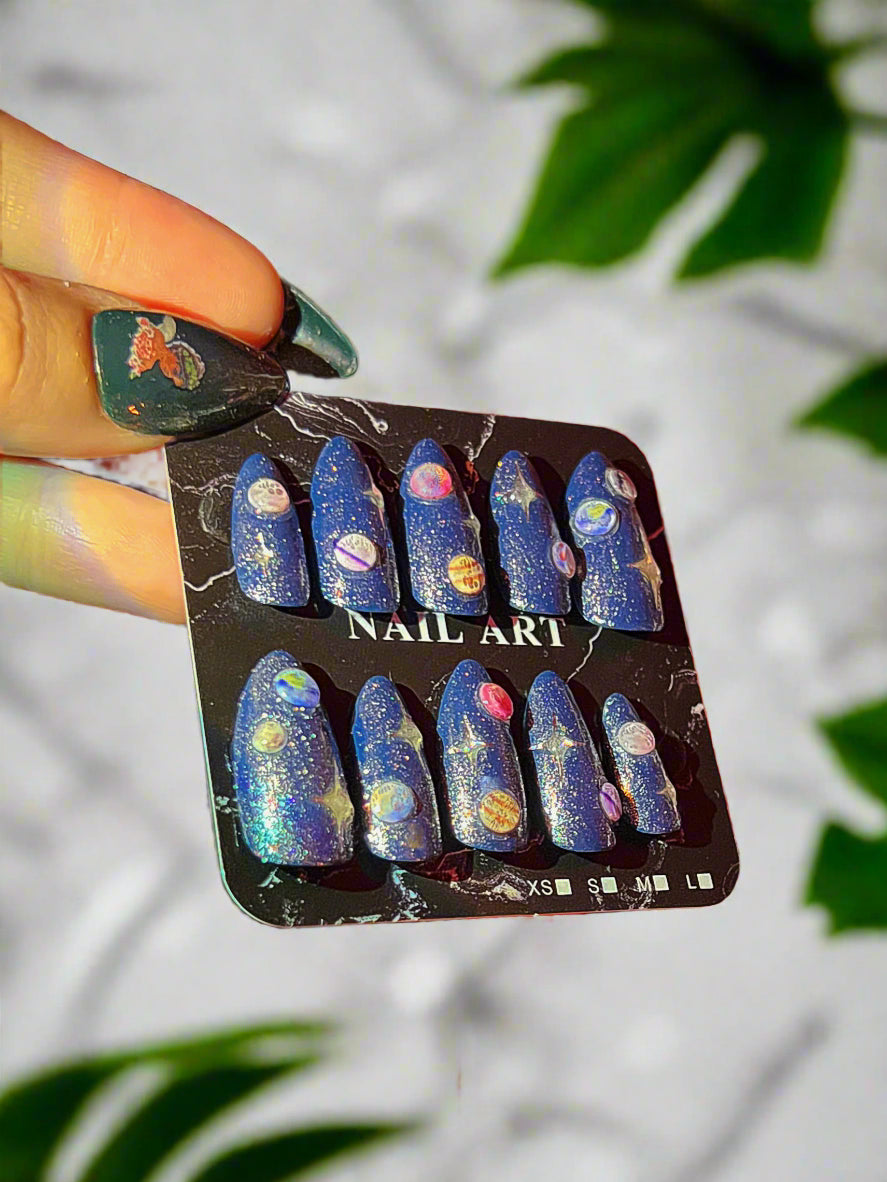 Sparkling Starlight Solar System Almond Shaped Press On Custom Made Nails - Olive Made