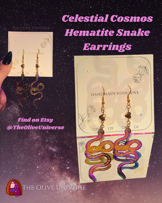 Celestial Cosmos Hematite Snakes - Handmade Real Hematite Stone 14k Gold Plated Earrings