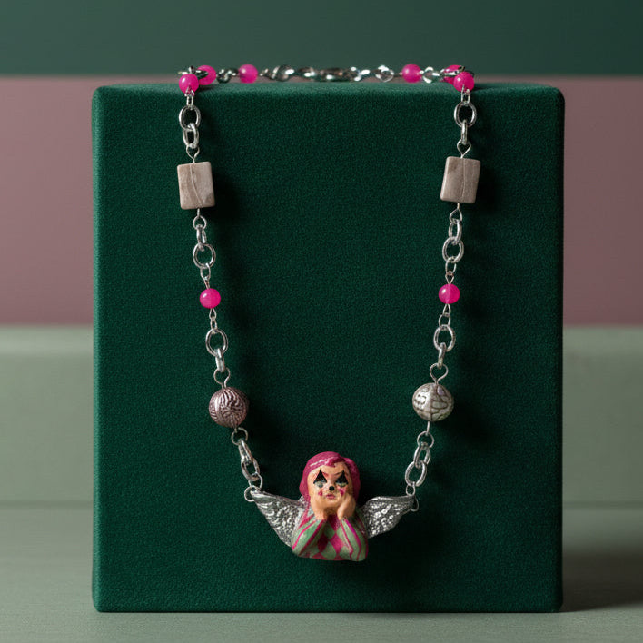 Silver Clown Angel Necklace | Clowncore Jewelry | Polymer Clay Pendant | Pink Agate + Gray Marble Beads | Whimsical Statement Necklace