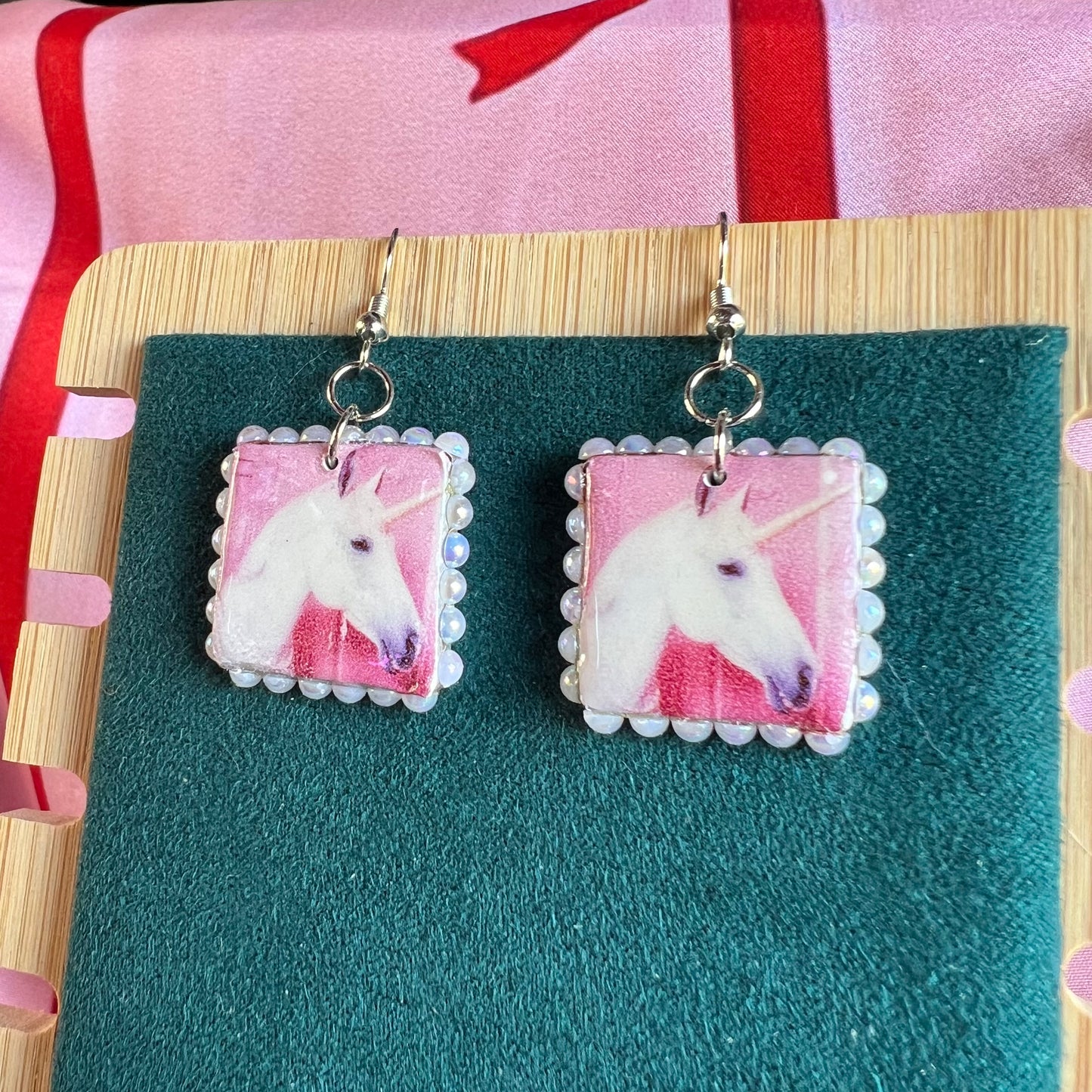 pink unicorn earrings, unicorn earrings, kawaii earrings, fairycore earrings, pastel earrings, handmade polymer clay earrings, polaroid earrings, white pearl earrings, liminal jewelry, square charm earrings, whimsical jewelry, cute earrings, y2k jewelry, Olive Made