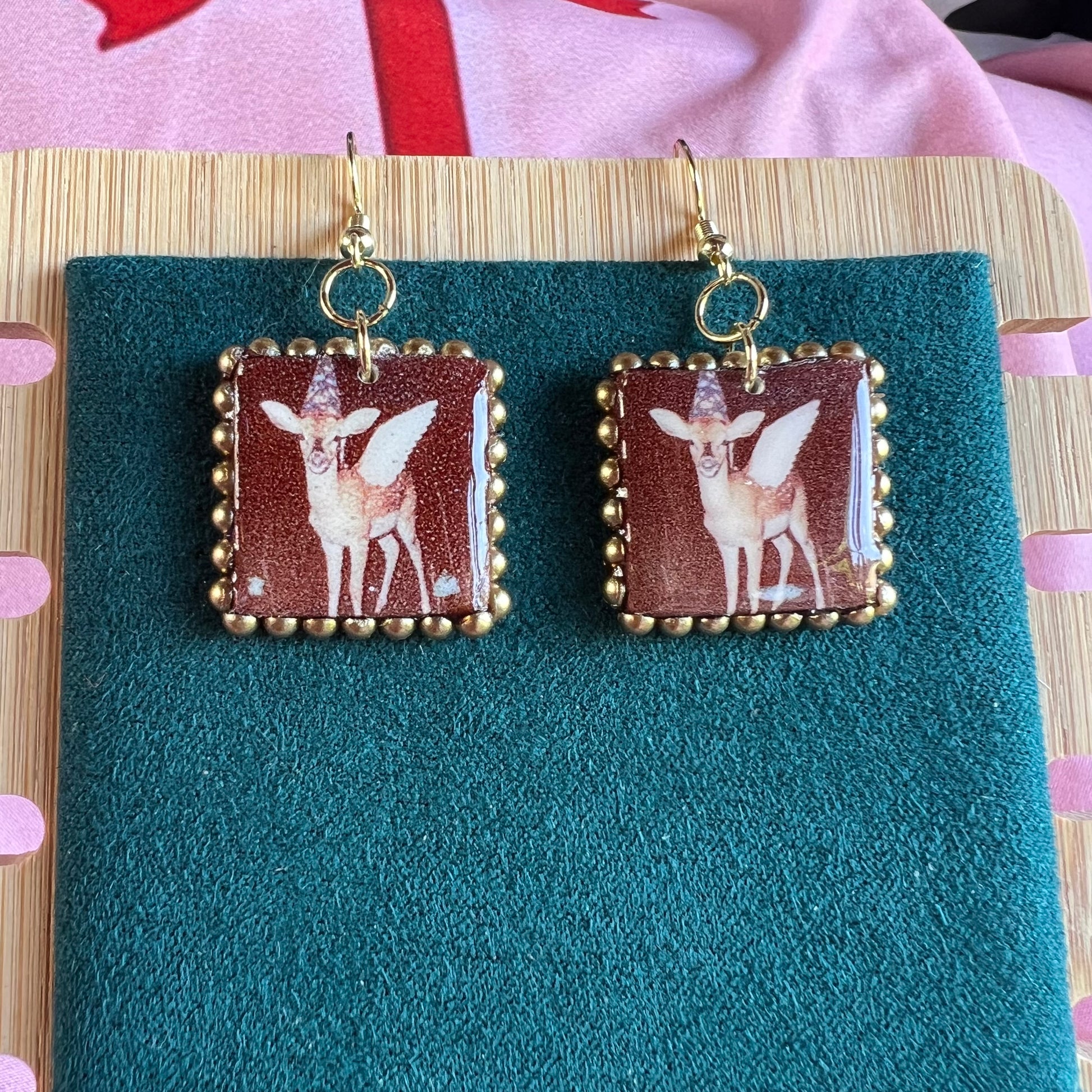 fairy fawn earrings, deer earrings, cottagecore earrings, fairycore earrings, handmade polymer clay earrings, woodland jewelry, polaroid earrings, gold bead earrings, 14k gold plated earrings, animal earrings, whimsical earrings, indie jewelry, forestcore jewelry, Olive Made