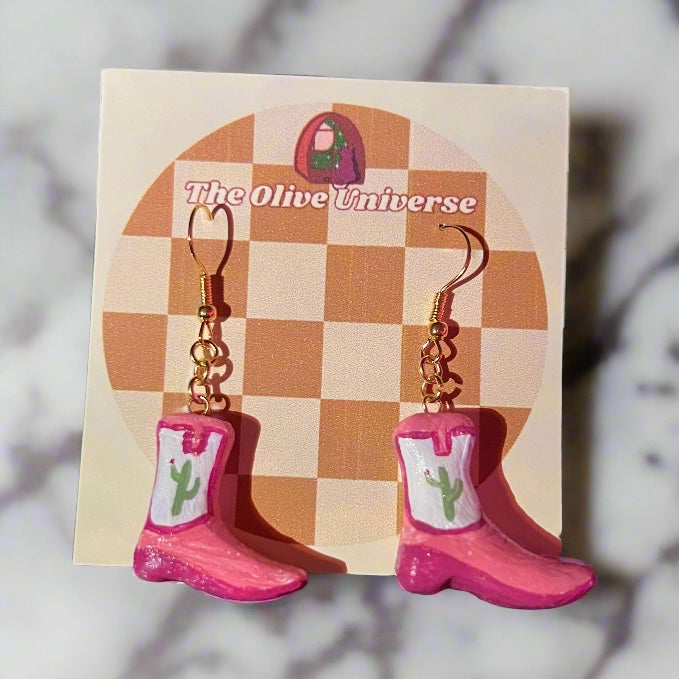 Country Cowgirl Boots - Handmade & Painted Charm Earrings - Olive Made