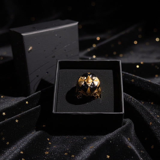 Gold Harlequin Mask Ring — Sculptural Masquerade Statement