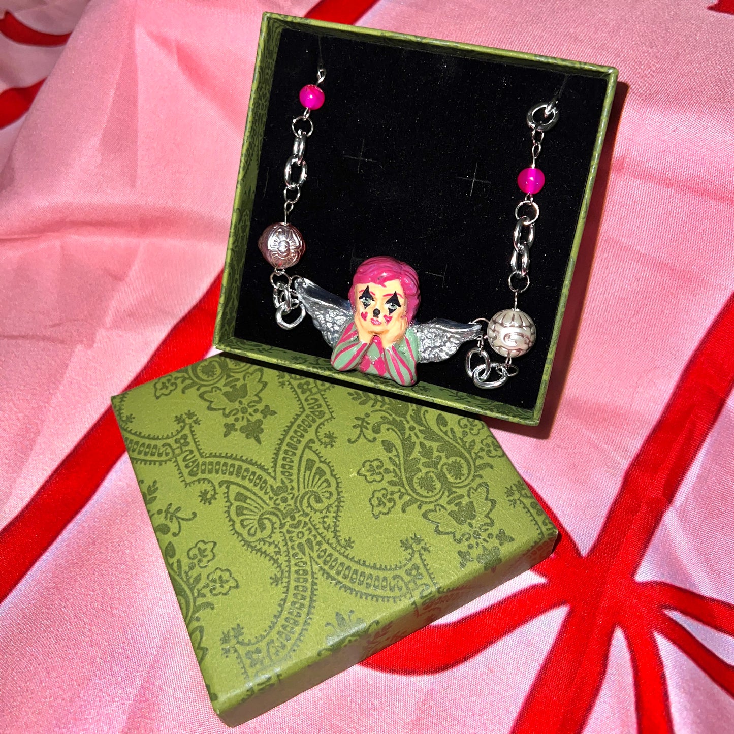 Silver Clown Angel Necklace | Clowncore Jewelry | Polymer Clay Pendant | Pink Agate + Gray Marble Beads | Whimsical Statement Necklace