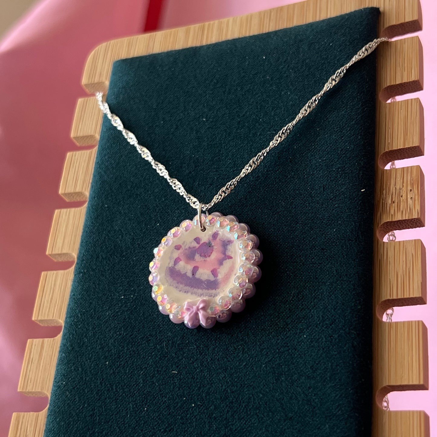 Strawberry Cake Lavender Pearls + Bow Charm Necklace | Coquette Pastel Kawaii Jewelry | Olive Made