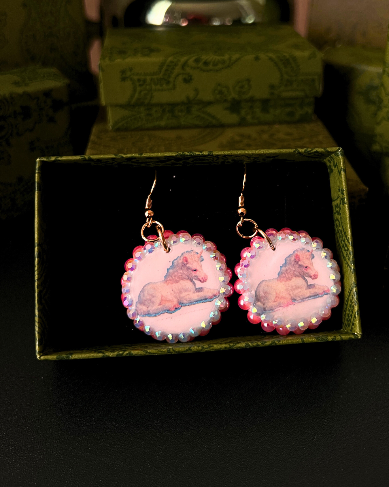 Unicorn Bedazzled Earrings | Handmade Polymer Clay Earrings | Iridescent Rhinestone Dangle Earrings | Y2K Fairycore Jewelry | Gift Ready