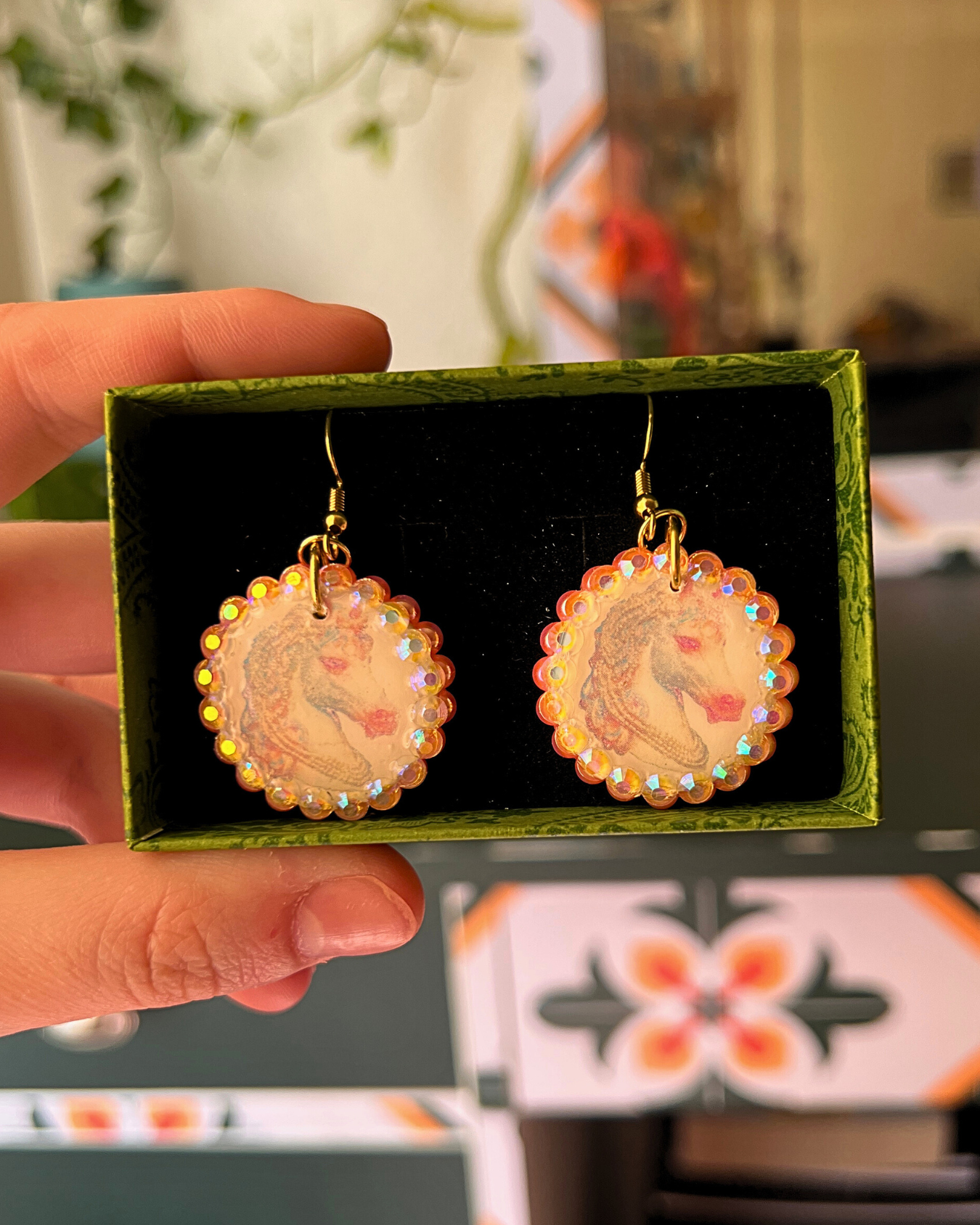 Unicorn Bedazzled Earrings | Handmade Polymer Clay Earrings | Iridescent Rhinestone Dangle Earrings | Y2K Fairycore Jewelry | Gift Ready