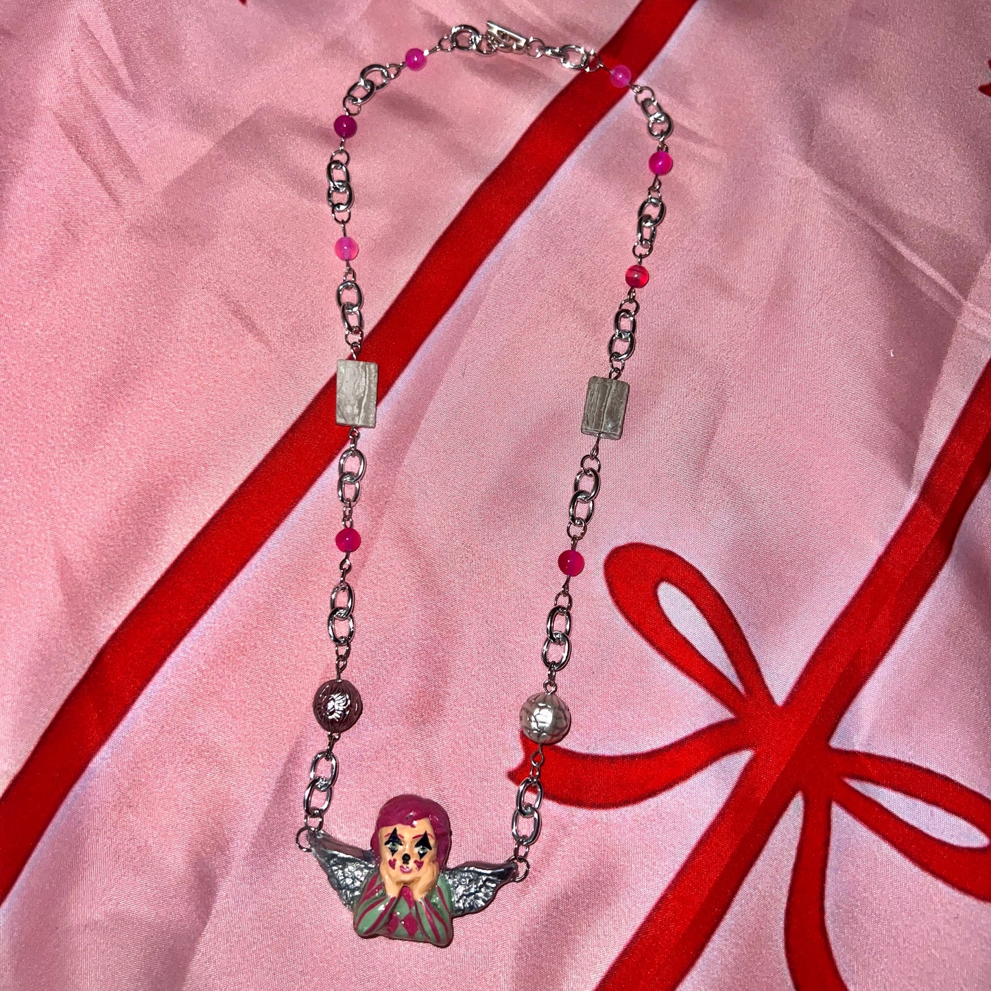 Silver Clown Angel Necklace | Clowncore Jewelry | Polymer Clay Pendant | Pink Agate + Gray Marble Beads | Whimsical Statement Necklace