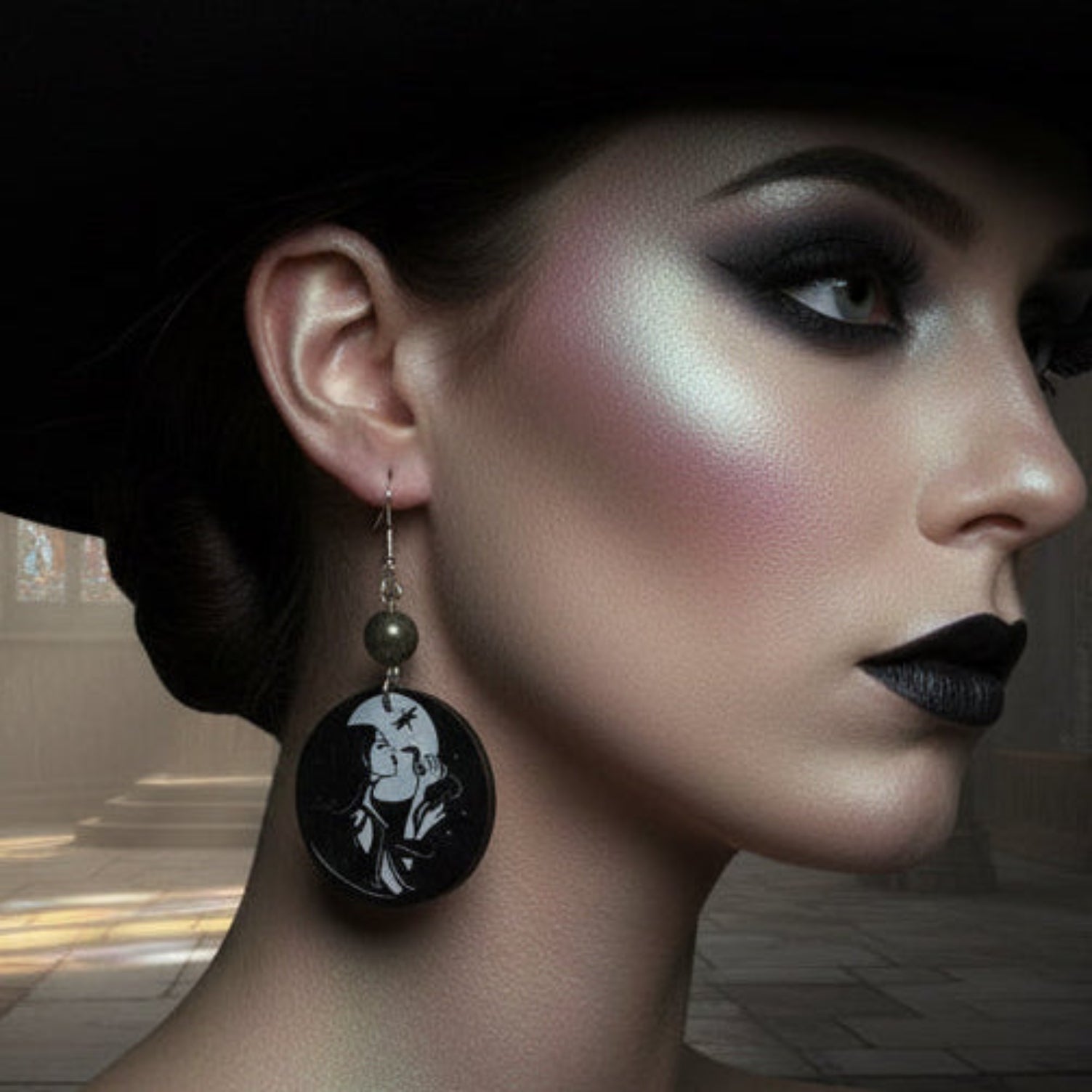 Halloween-themed witch with snake spooky season earrings on a branded card with ghost, spider web, and pumpkin illustrations. Includes hematite beads and vintage y2k witchy vibes