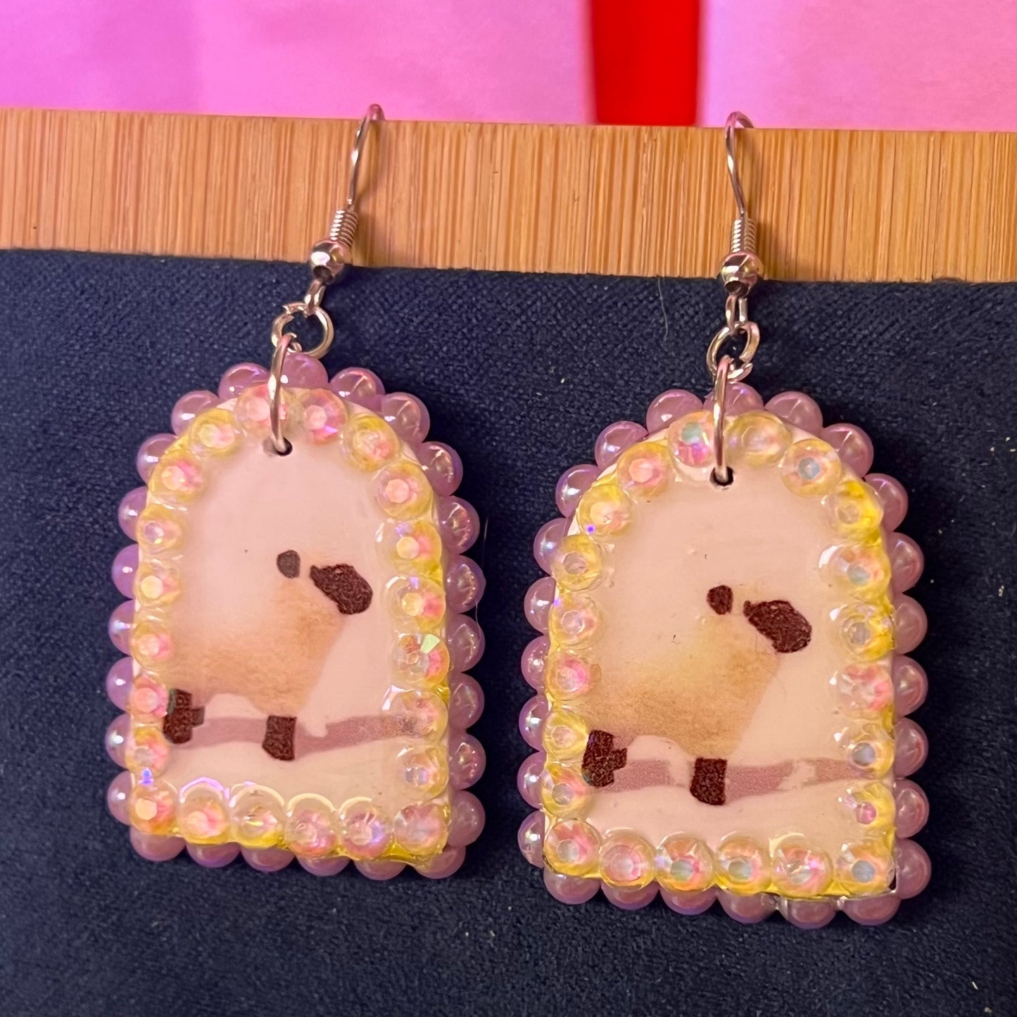 Lavender Pearls Black & White Lamb Plushie Earrings | Kawaii Coquette Sheep Jewelry