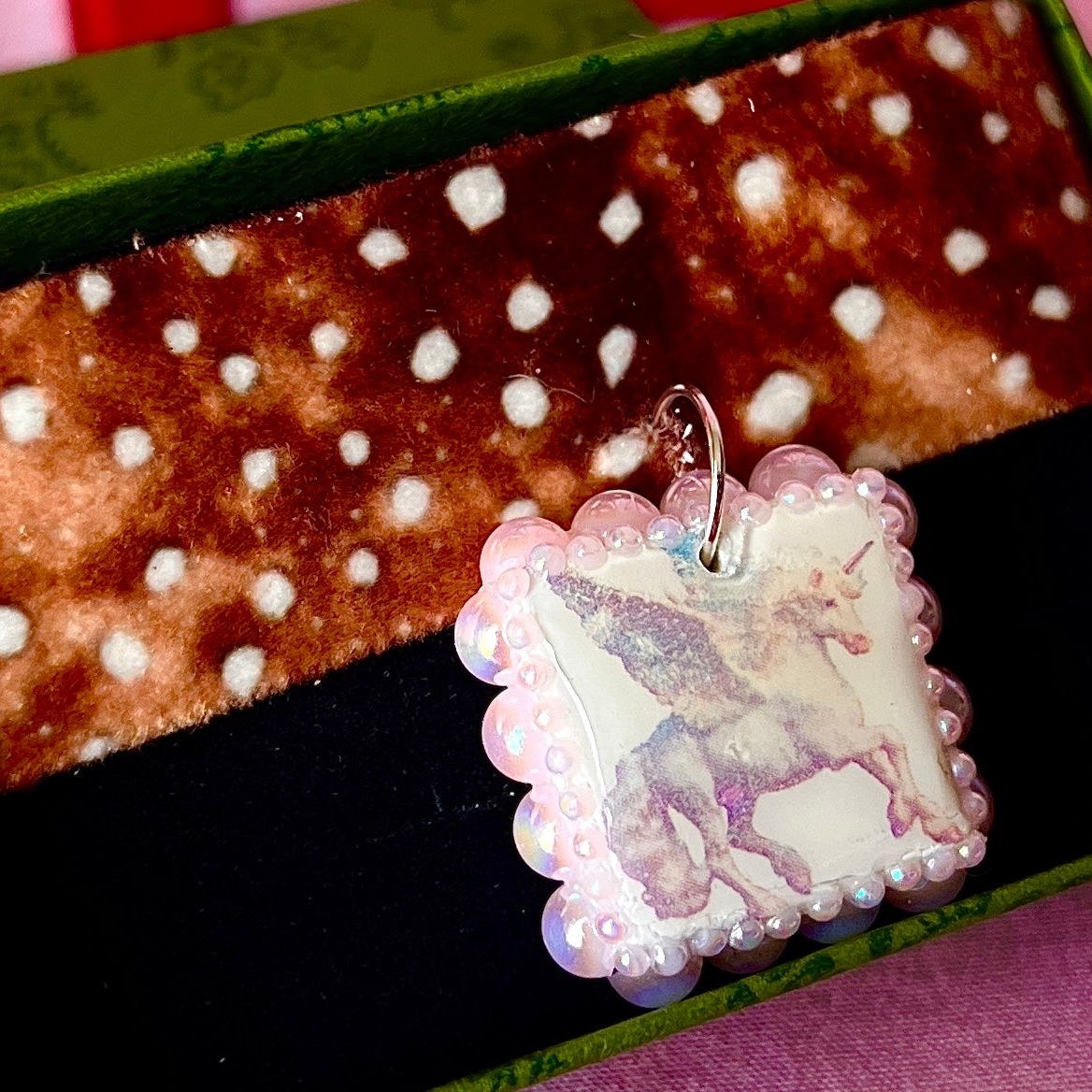Fawn print pegasus ribbon choker — 14" deer/fawn print ribbon choker with handmade pink polymer clay pegasus charm bedazzled with iridescent pearls, plus extension chain for adjustable fit. Gift-ready green Victorian box. Coquette fairycore Y2K choke necklace; ready to ship in 1–3 days.