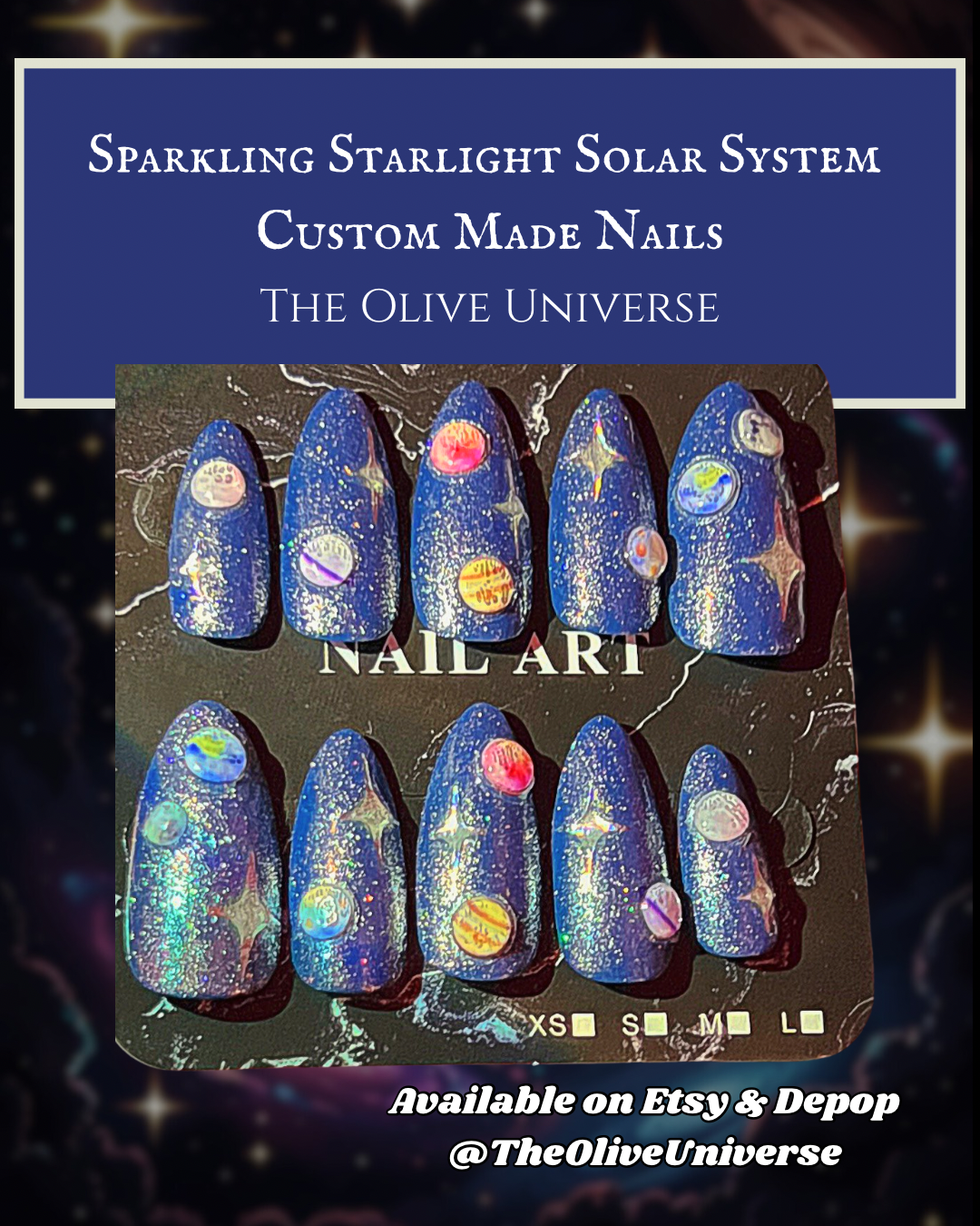 Sparkling Starlight Solar System Almond Shaped Press On Custom Made Nails - Olive Made