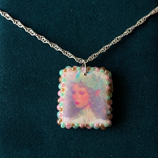 Iridescent Elf Portrait |  Polymer Clay Charm | Pearl Charm Necklace | 925 Sterling Silver | 20" Chain