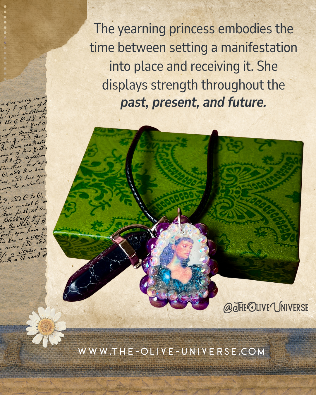 Yearning Princess necklace — dark romance handmade polymer clay princess charm bedazzled with iridescent pearls + rhinestones and finished with dramatic black crystal accent. Gift-ready Victorian-patterned box. Goth fairycore whimsigoth Y2K statement charm necklace; ready to ship in 1–3 days.