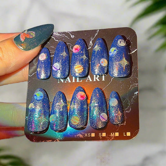 Sparkling Starlight Solar System Almond Shaped Press On Custom Made Nails - Olive Made