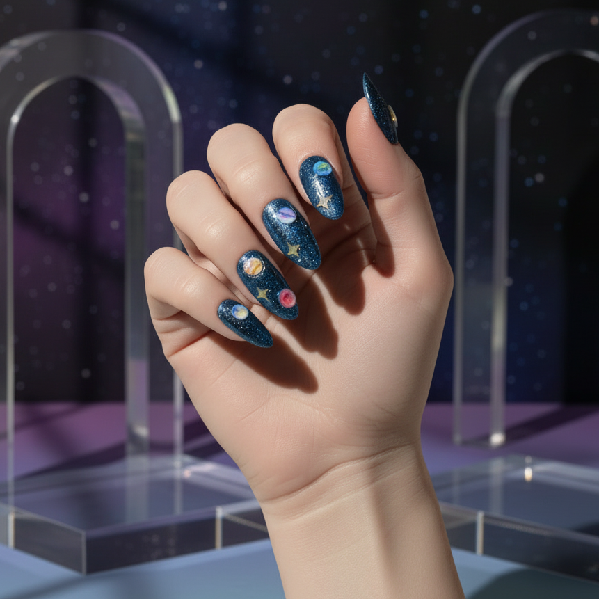 Sparkling Starlight Solar System Almond Shaped Press On Custom Made Nails - Olive Made